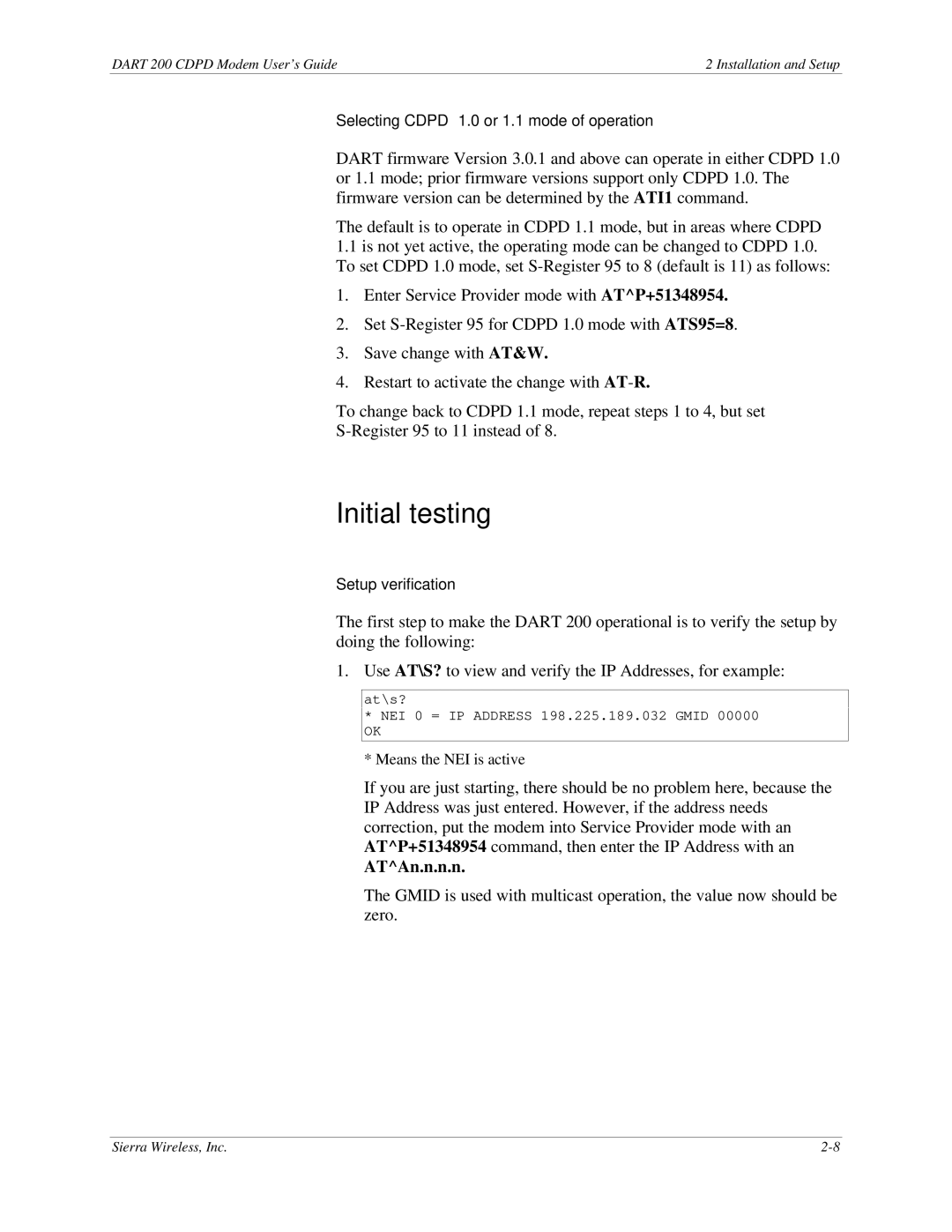 Sierra Wireless DART 200 CDPD Modem manual Initial testing, ATAn.n.n.n 