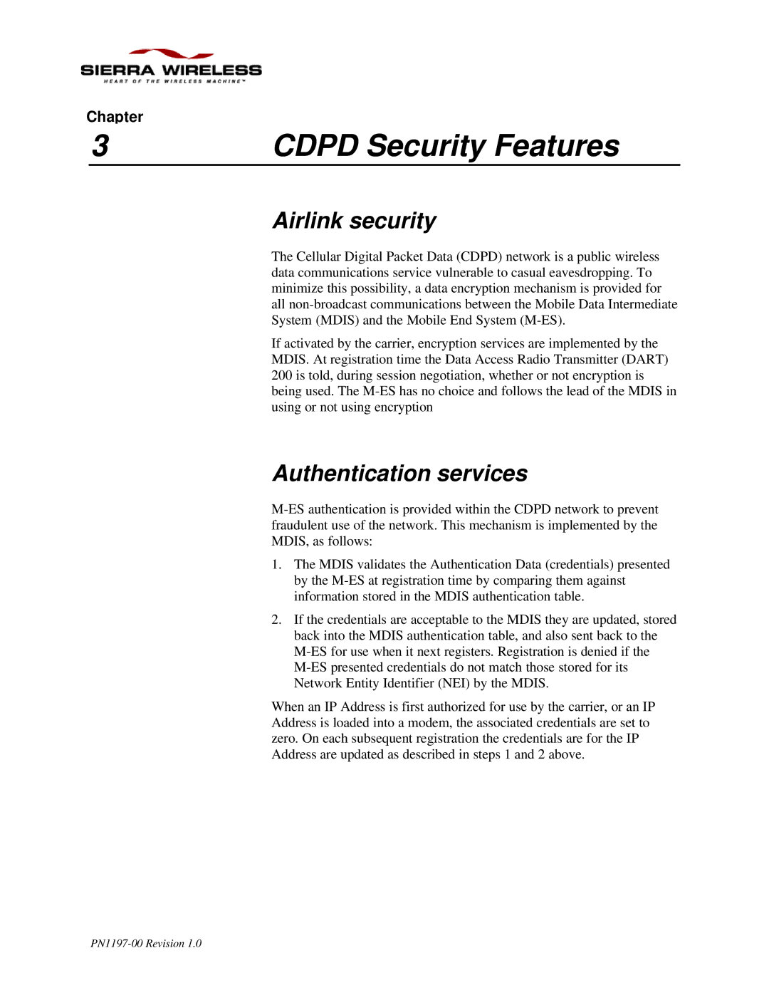 Sierra Wireless DART 200 CDPD Modem manual Cdpd Security Features, Airlink security, Authentication services 