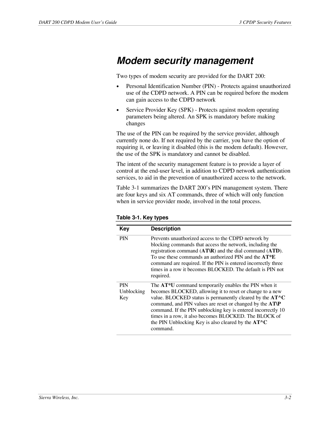 Sierra Wireless DART 200 CDPD Modem manual Modem security management, Key types Description 