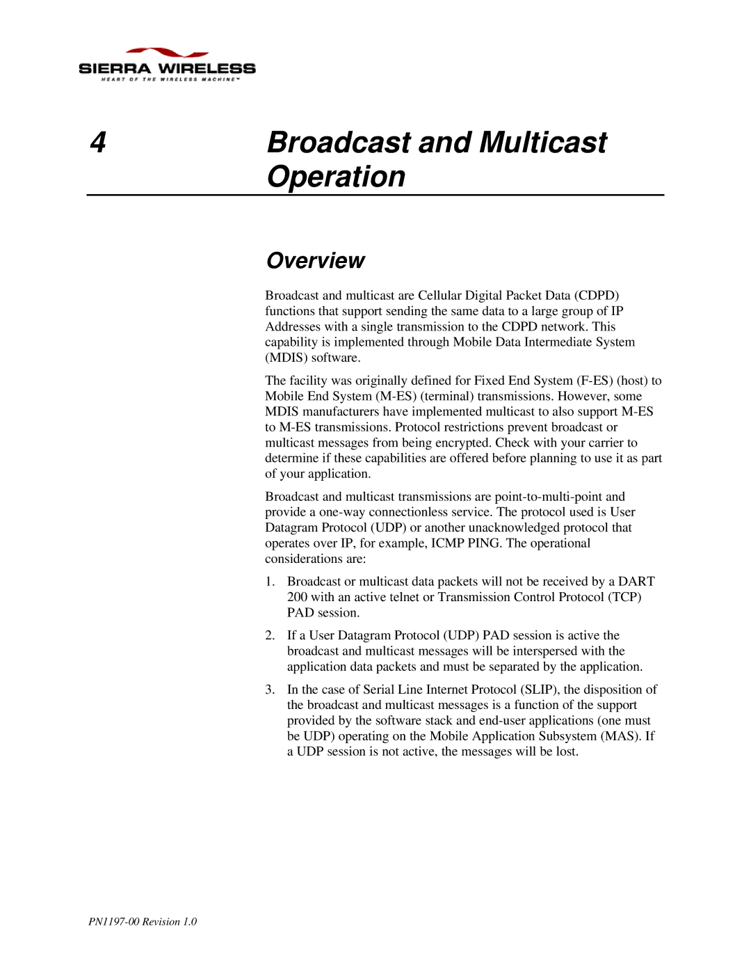 Sierra Wireless DART 200 CDPD Modem manual Broadcast and Multicast, Operation, Overview 