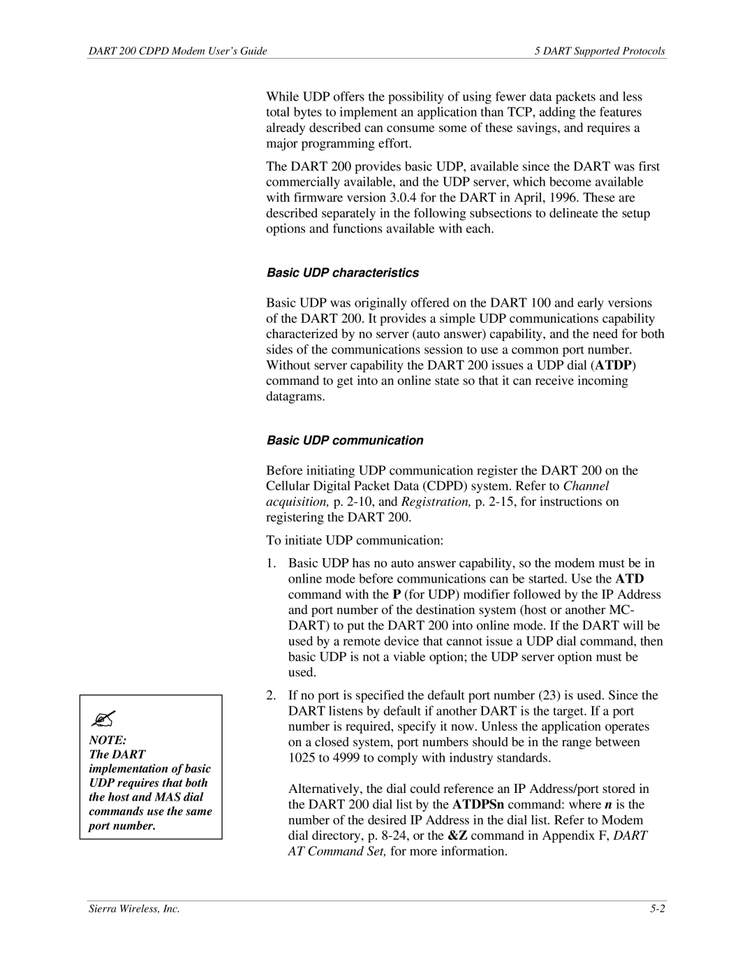 Sierra Wireless DART 200 CDPD Modem manual Basic UDP characteristics 