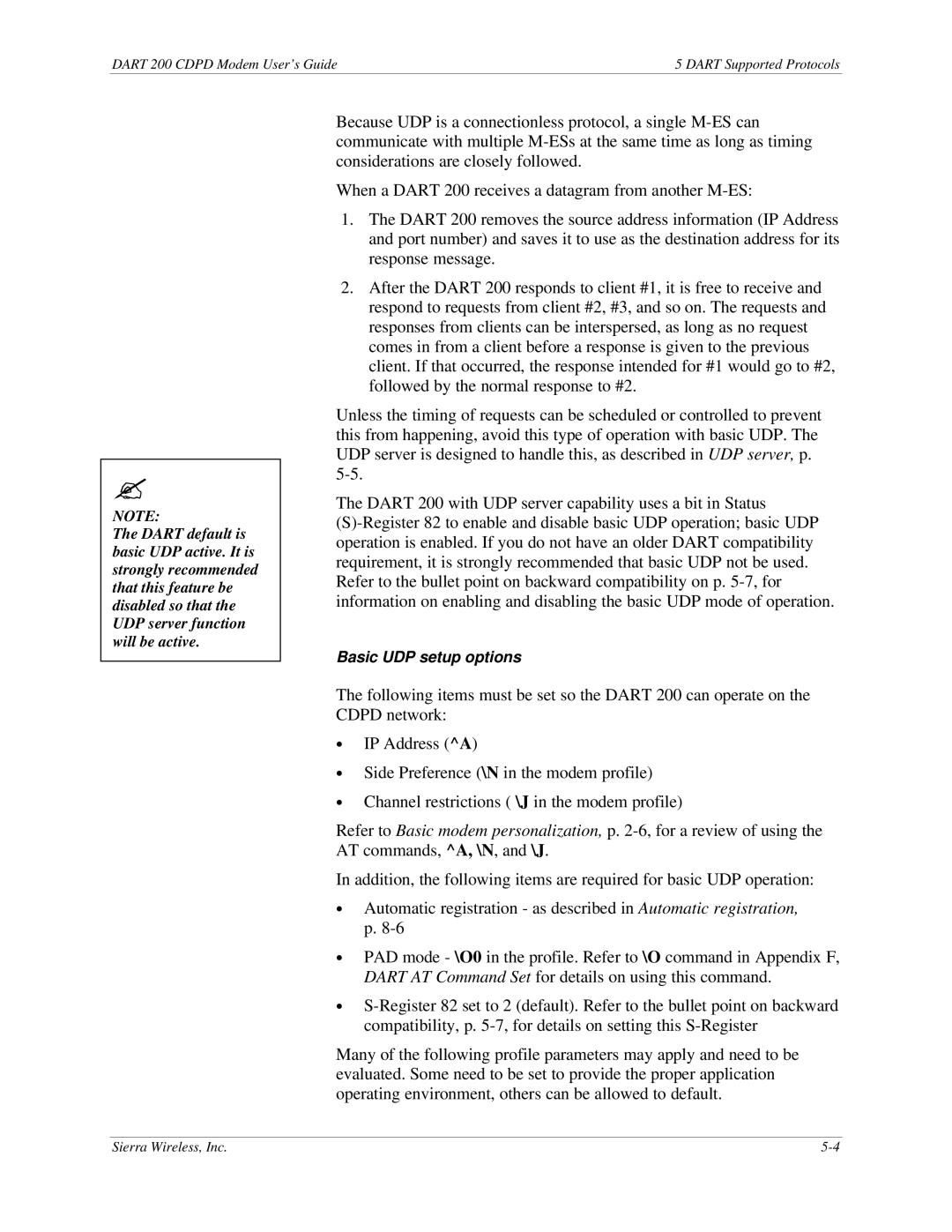 Sierra Wireless DART 200 CDPD Modem manual Basic UDP setup options 