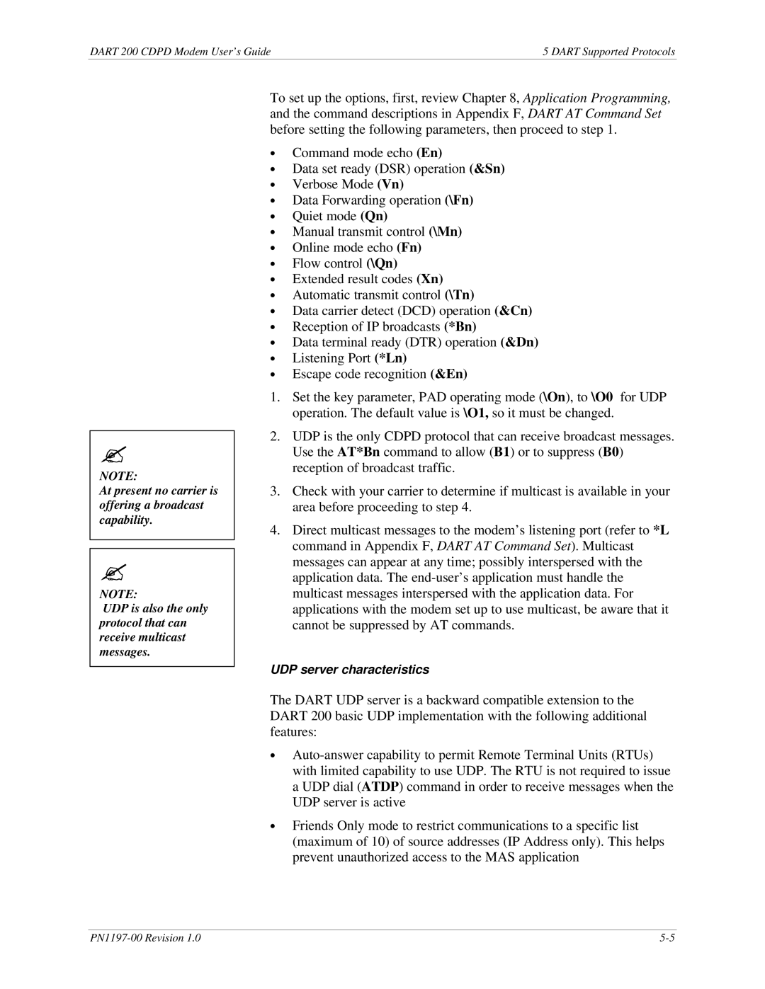 Sierra Wireless DART 200 CDPD Modem manual UDP server characteristics 