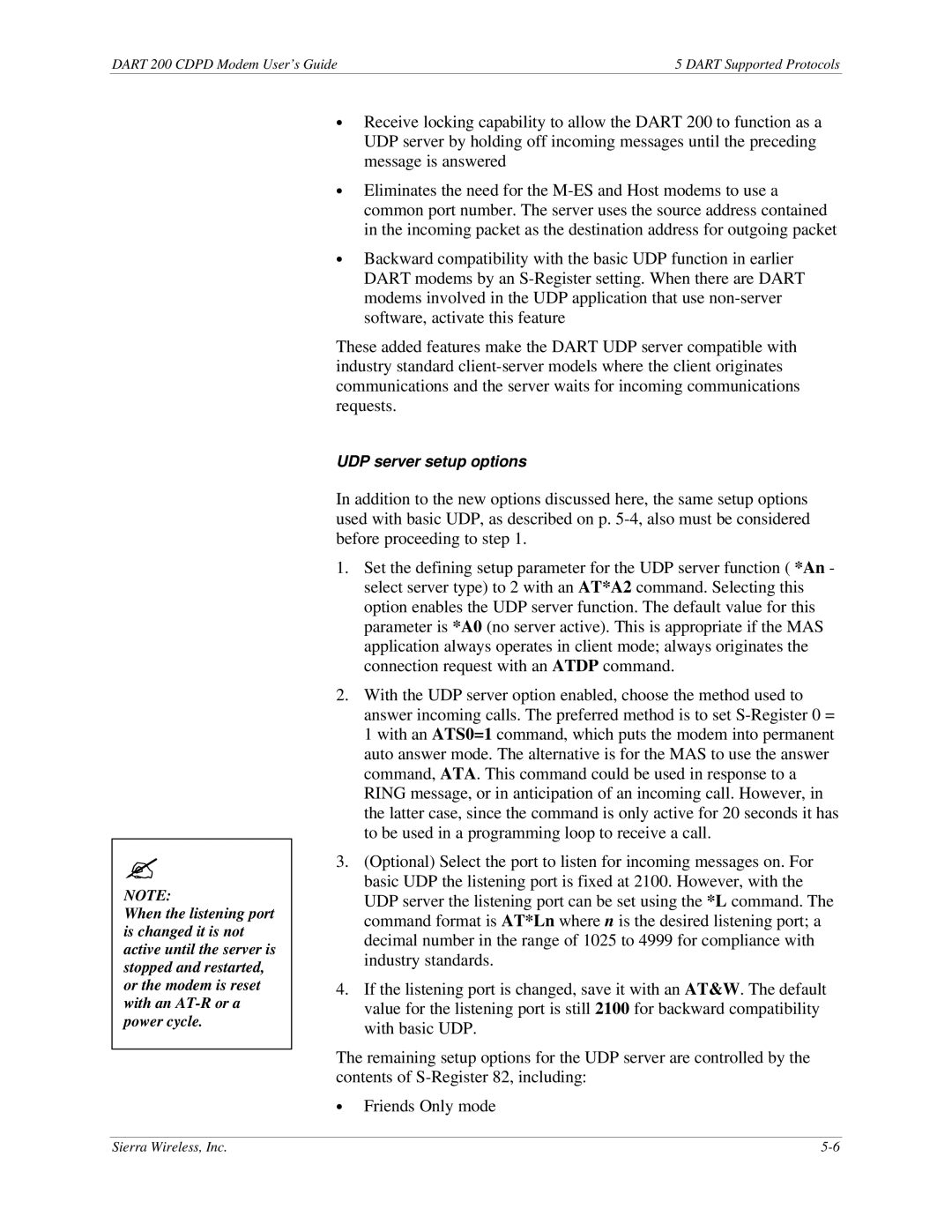 Sierra Wireless DART 200 CDPD Modem manual UDP server setup options 