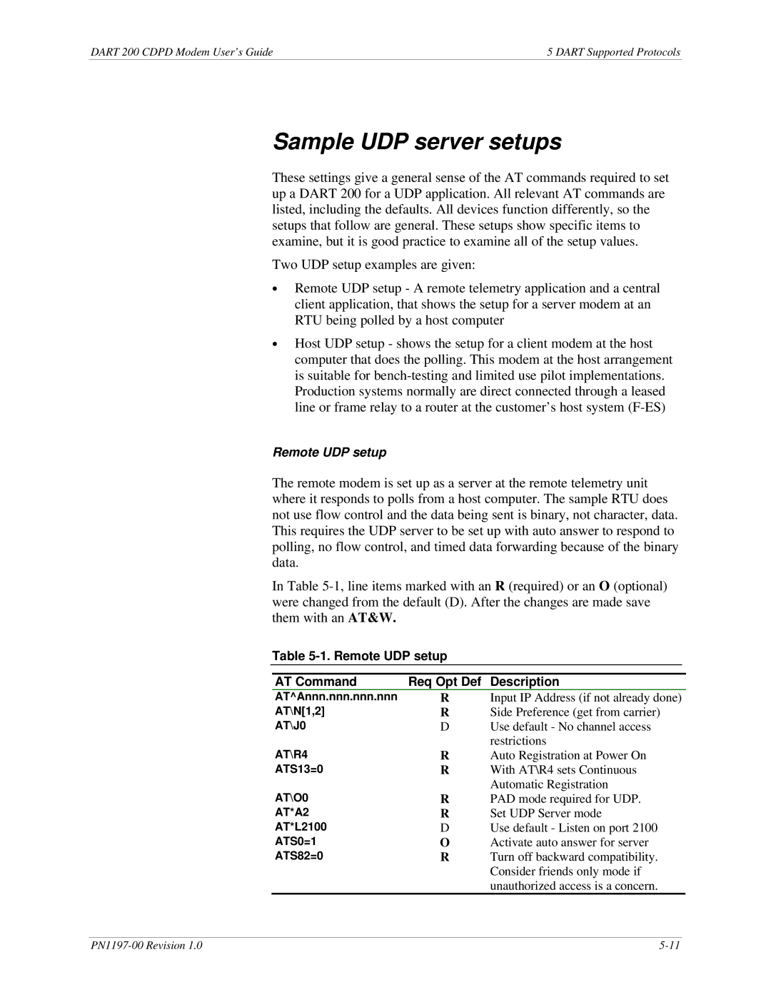 Sierra Wireless DART 200 CDPD Modem manual Sample UDP server setups, Remote UDP setup AT Command Req Opt Def Description 