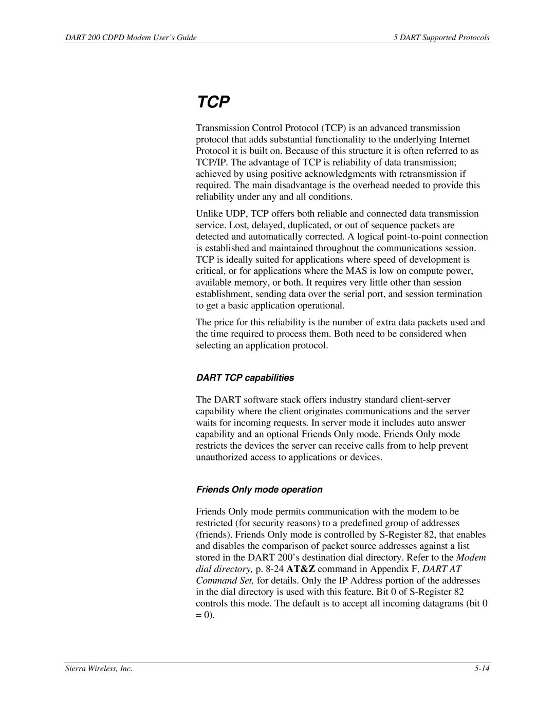 Sierra Wireless DART 200 CDPD Modem manual Tcp 