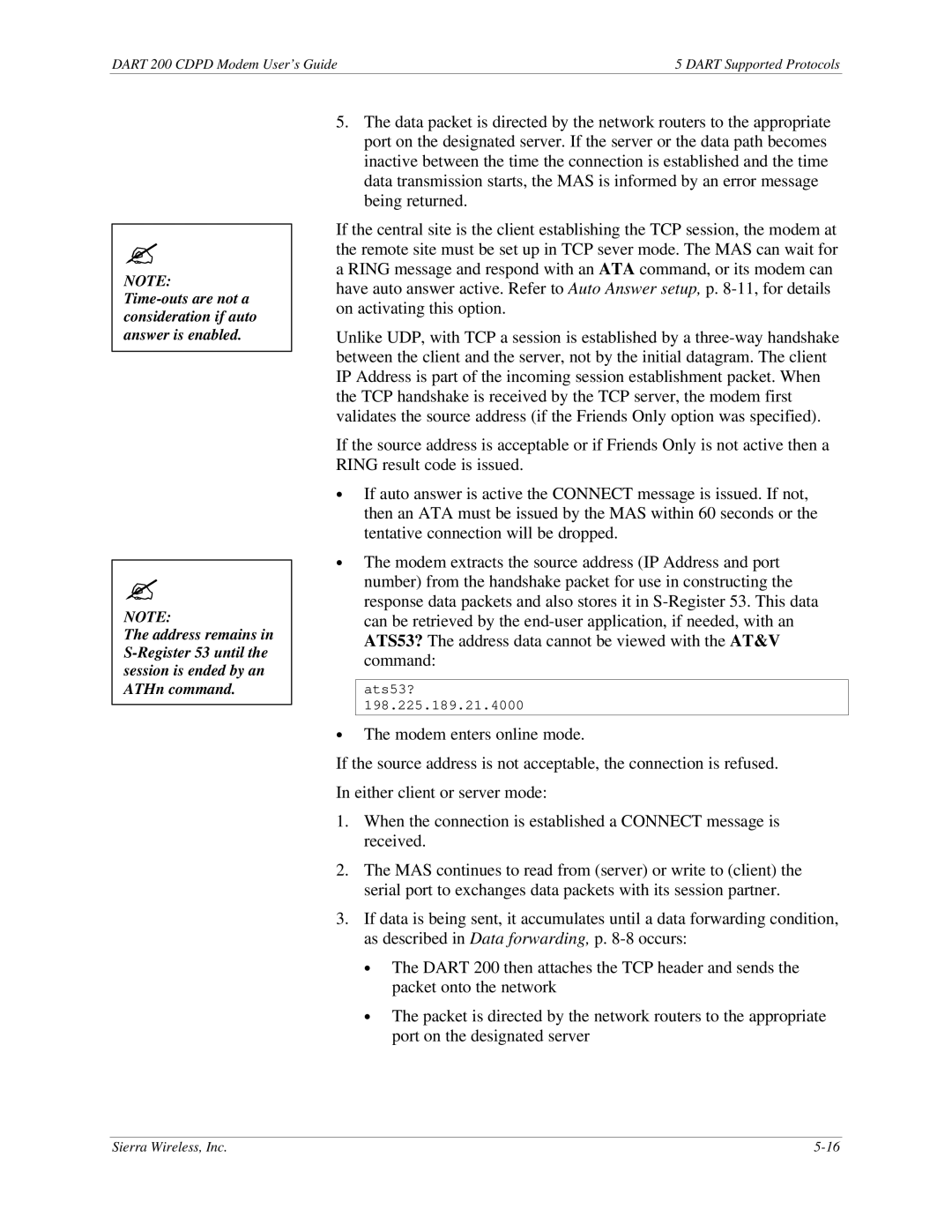 Sierra Wireless DART 200 CDPD Modem manual Ats53? 198.225.189.21.4000 