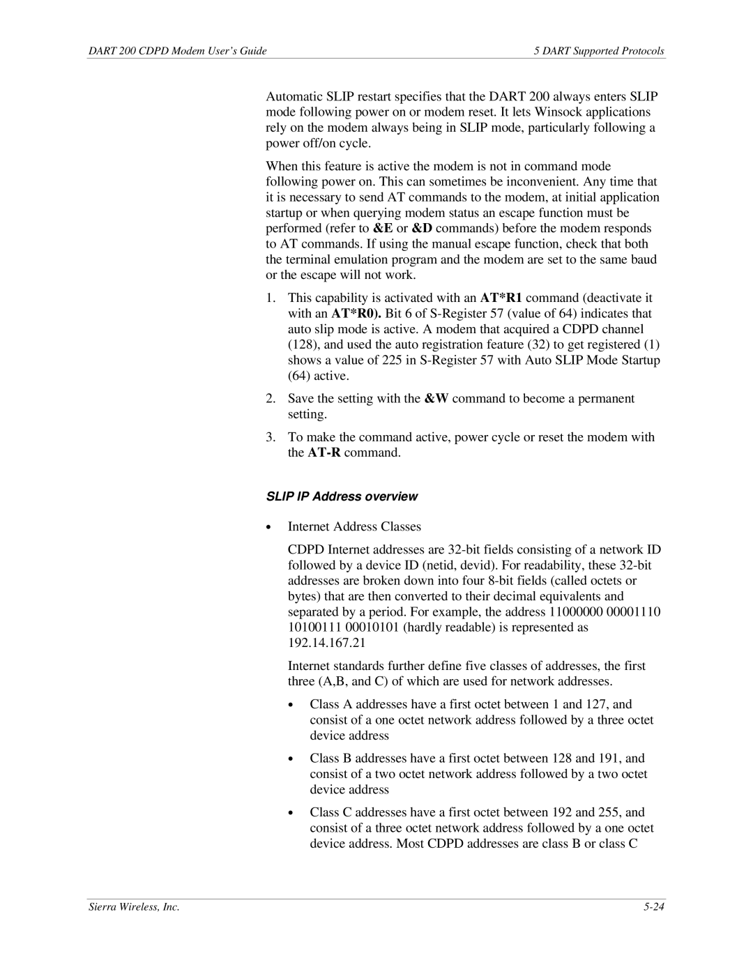 Sierra Wireless DART 200 CDPD Modem manual Slip IP Address overview 