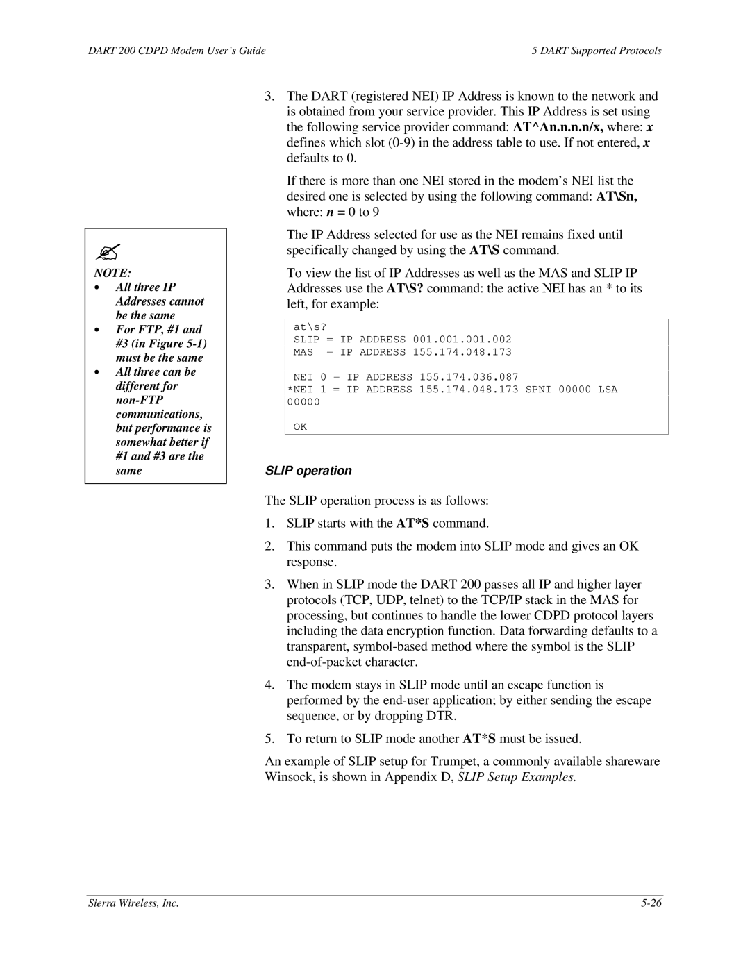 Sierra Wireless DART 200 CDPD Modem manual Slip operation 