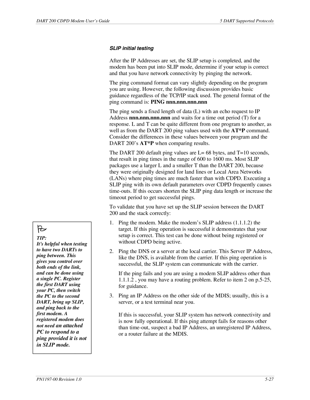 Sierra Wireless DART 200 CDPD Modem manual Slip initial testing 