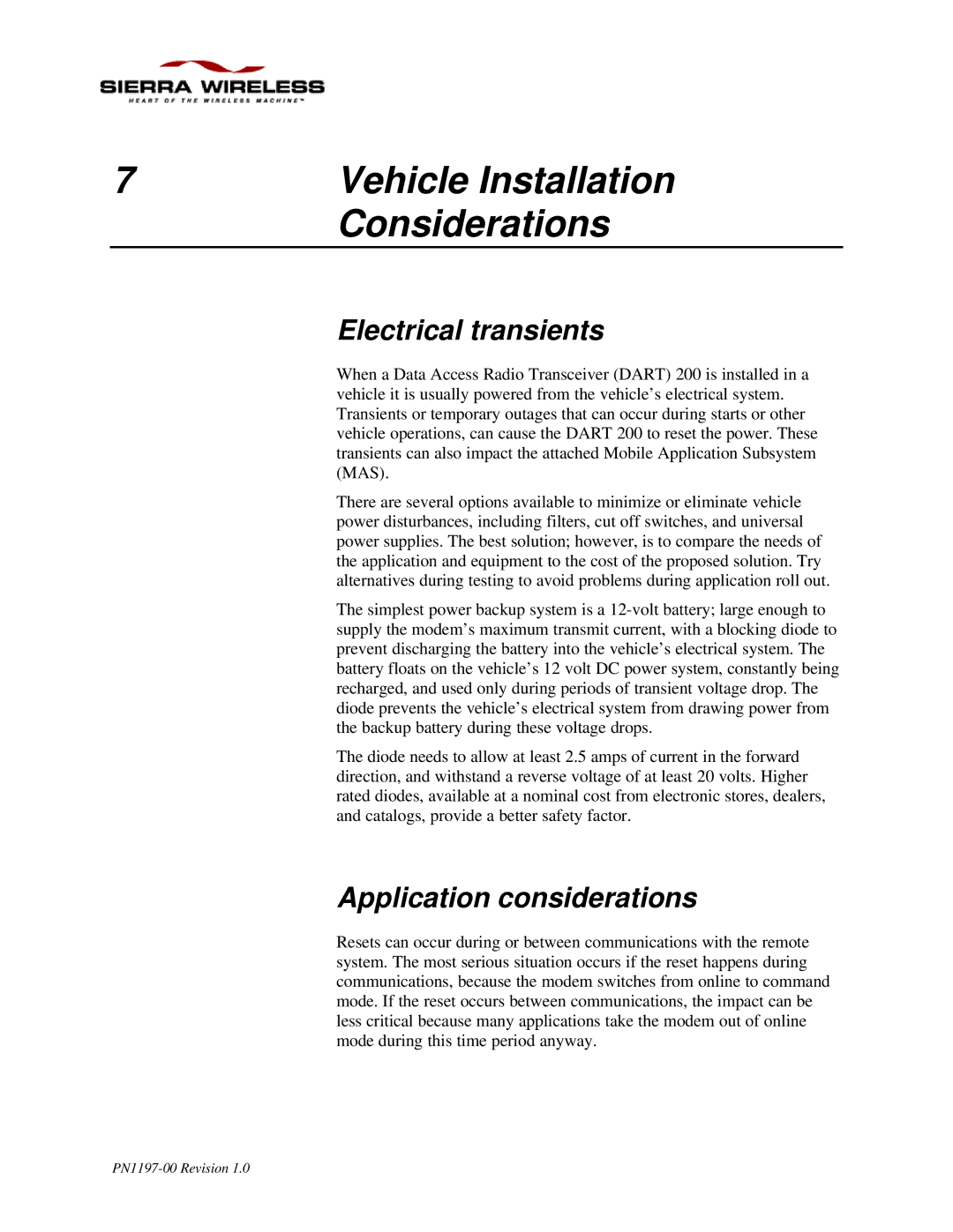 Sierra Wireless DART 200 CDPD Modem manual Vehicle Installation, Considerations, Electrical transients 