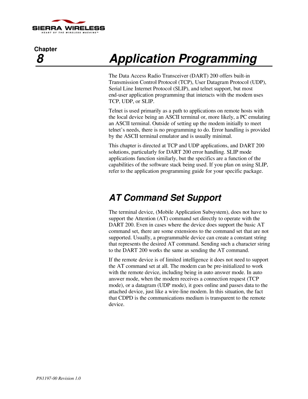 Sierra Wireless DART 200 CDPD Modem manual Application Programming, AT Command Set Support, Chapter 