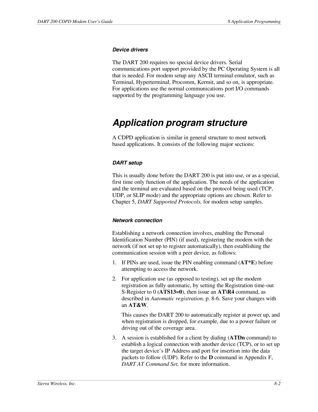 Sierra Wireless DART 200 CDPD Modem manual Application program structure 