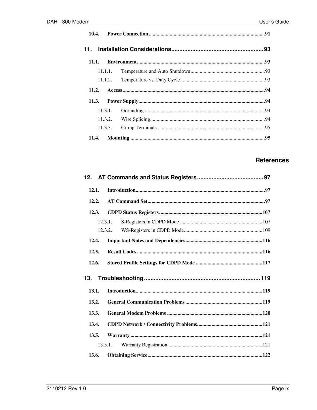 Sierra Wireless DART 300 manual References, Installation Considerations, AT Commands and Status Registers, 119 