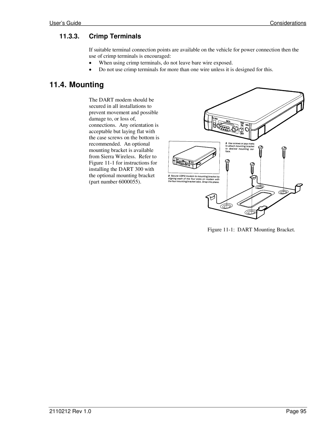 Sierra Wireless DART 300 manual Mounting, Crimp Terminals, User’s Guide Considerations 