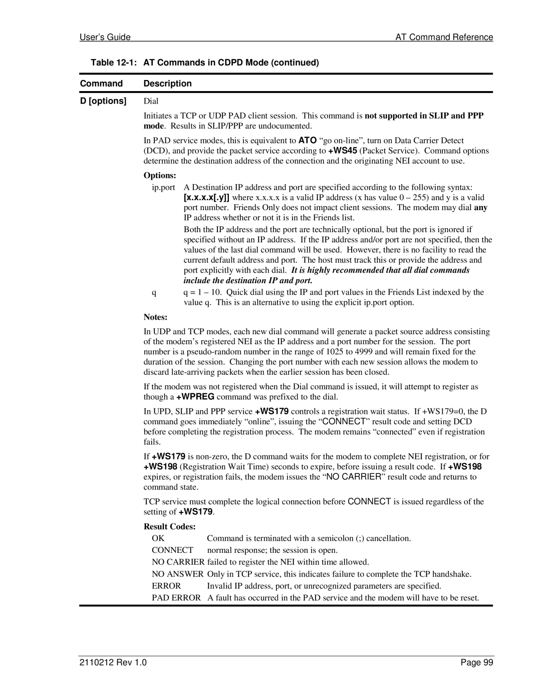 Sierra Wireless DART 300 manual User’s Guide AT Command Reference, AT Commands in Cdpd Mode Description Options 