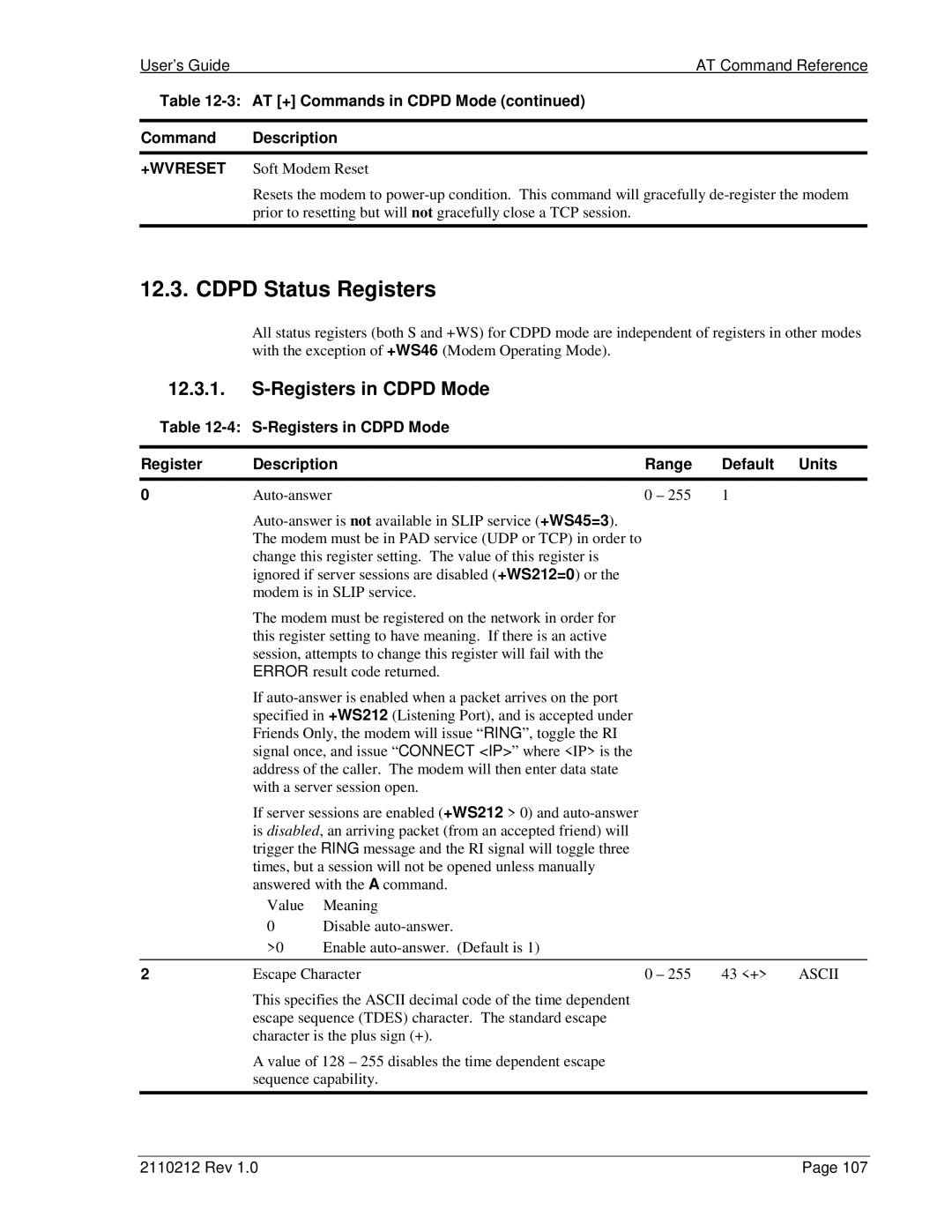 Sierra Wireless DART 300 manual Cdpd Status Registers, Registers in Cdpd Mode, Auto-answer 