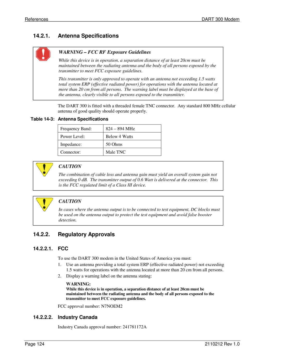 Sierra Wireless DART 300 manual Antenna Specifications, Regulatory Approvals, Fcc, Industry Canada 