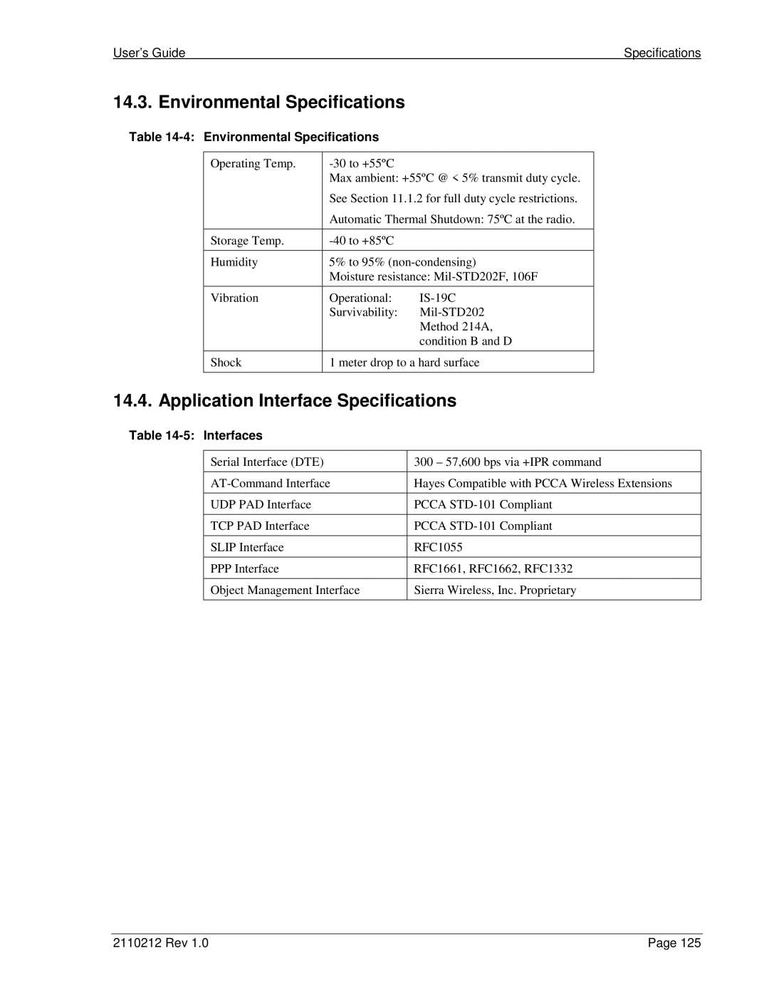 Sierra Wireless DART 300 Environmental Specifications, Application Interface Specifications, User’s GuideSpecifications 