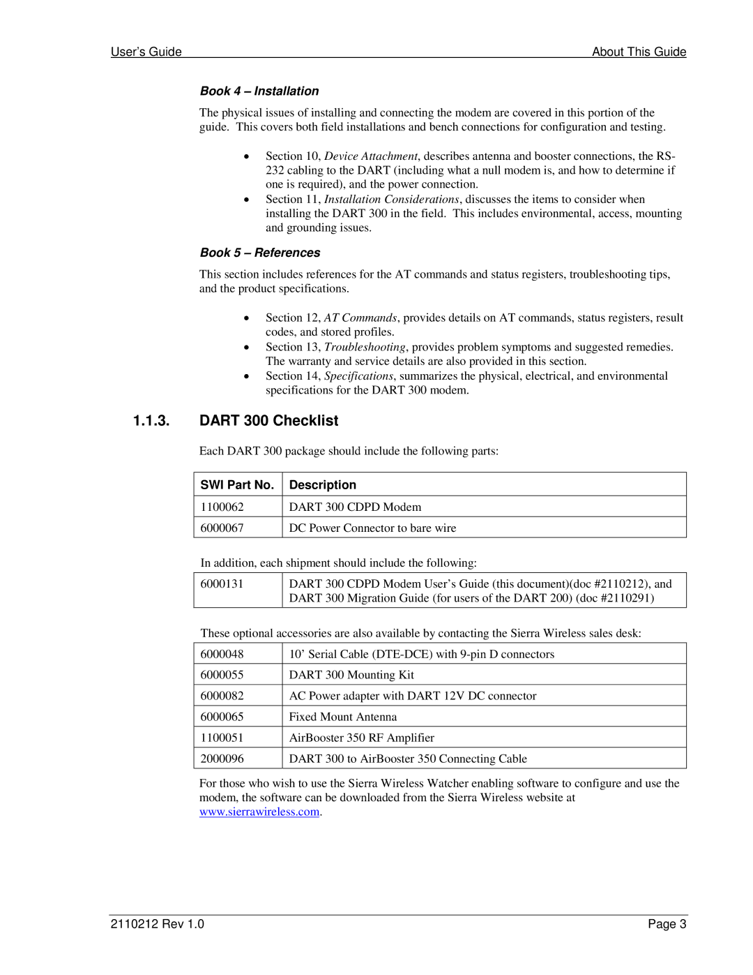 Sierra Wireless DART 300 manual Dart 300 Checklist, User’s Guide About This Guide, Book 4 Installation, Book 5 References 