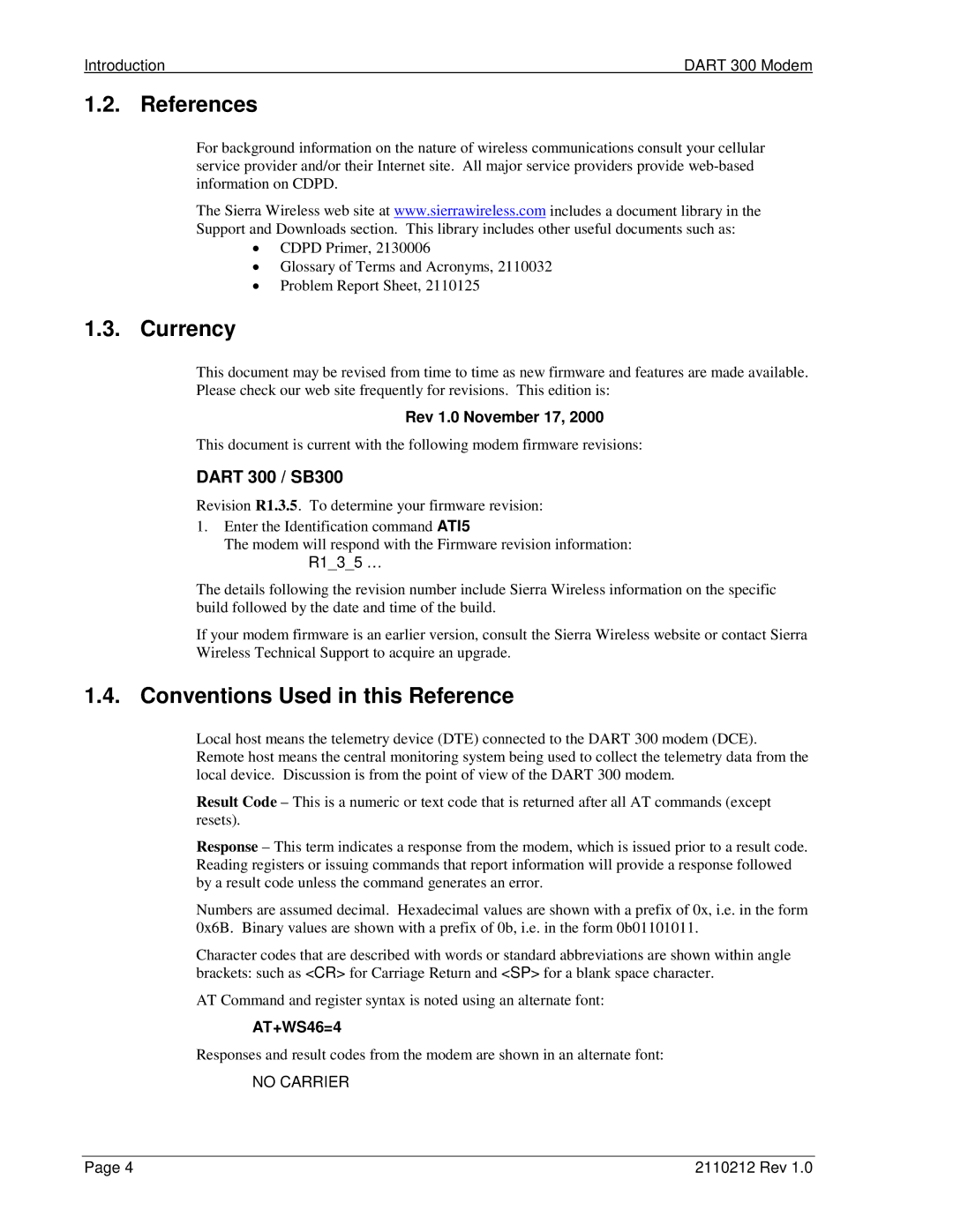 Sierra Wireless DART 300 manual References, Currency, Conventions Used in this Reference, Dart 300 / SB300 