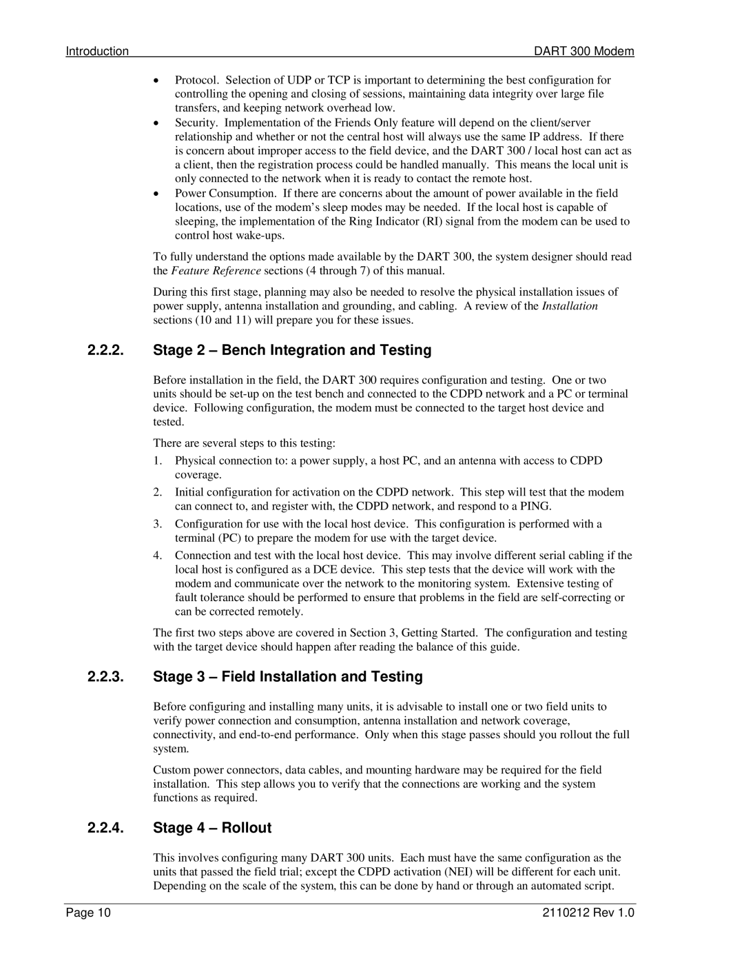 Sierra Wireless DART 300 Stage 2 Bench Integration and Testing, Stage 3 Field Installation and Testing, Stage 4 Rollout 