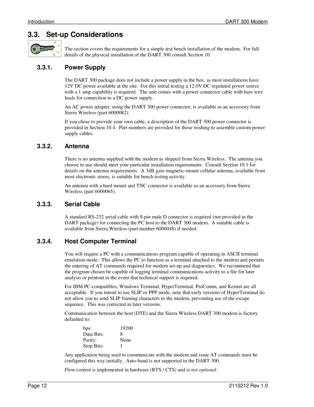 Sierra Wireless DART 300 manual Set-up Considerations, Power Supply, Antenna, Serial Cable, Host Computer Terminal 