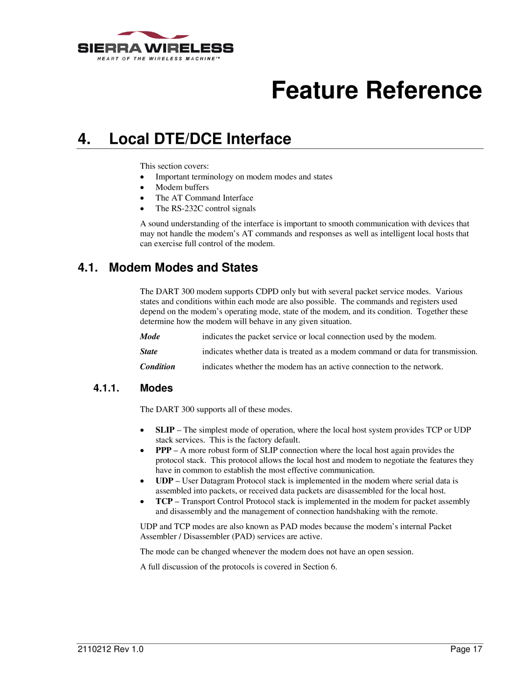 Sierra Wireless DART 300 manual Local DTE/DCE Interface, Modem Modes and States 