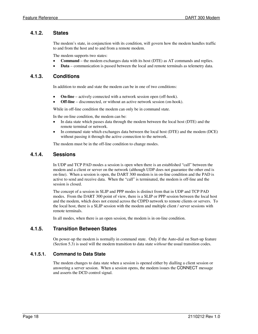 Sierra Wireless DART 300 manual Conditions, Sessions, Transition Between States, Command to Data State 