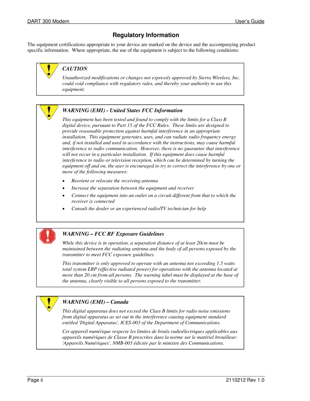 Sierra Wireless DART 300 manual Regulatory Information 