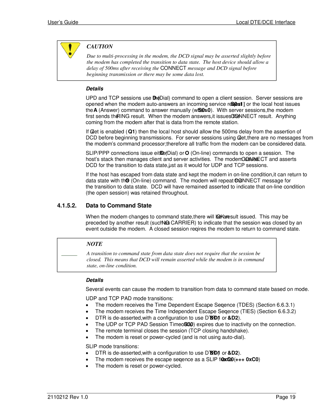 Sierra Wireless DART 300 manual Data to Command State, User’s Guide Local DTE/DCE Interface, Details 