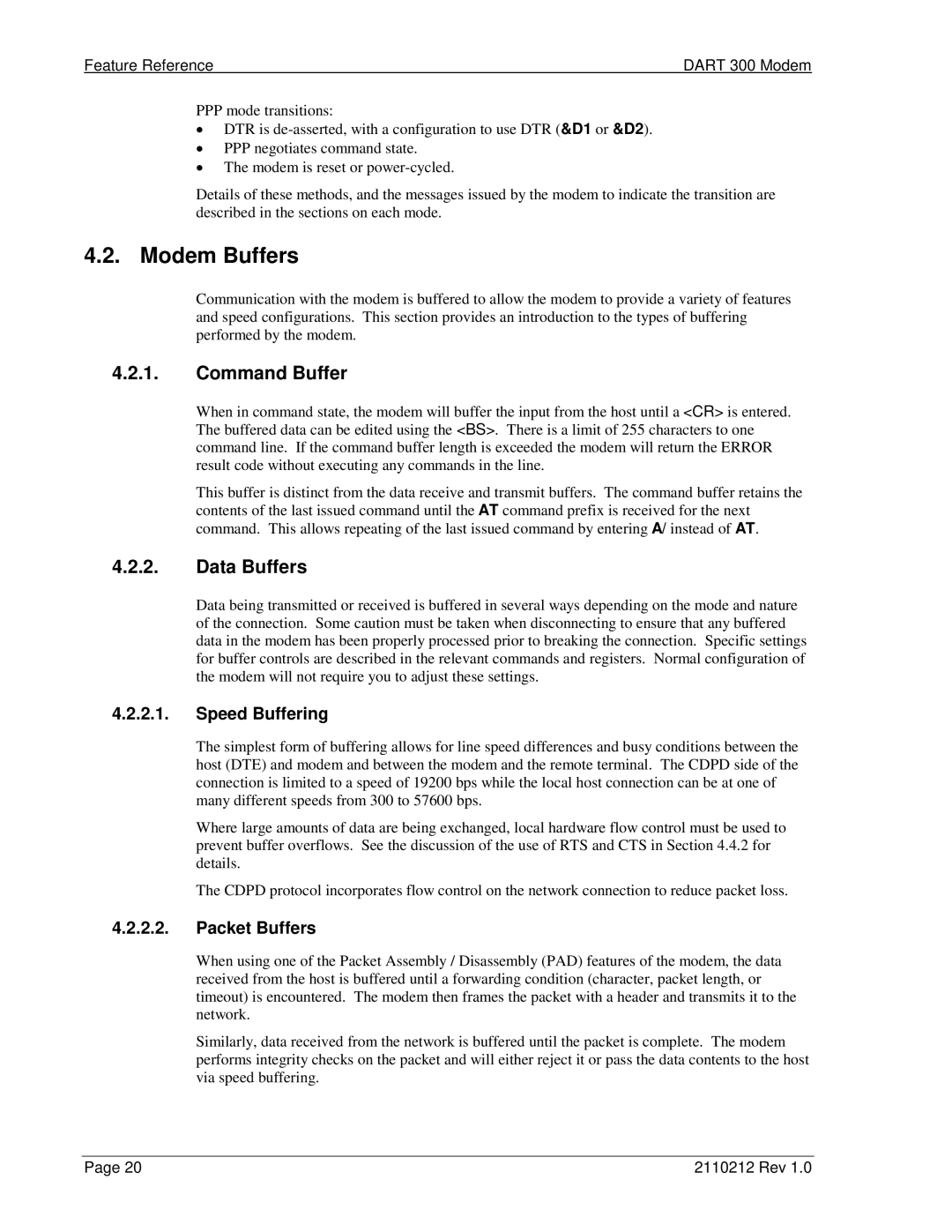 Sierra Wireless DART 300 manual Modem Buffers, Command Buffer, Data Buffers, Speed Buffering, Packet Buffers 