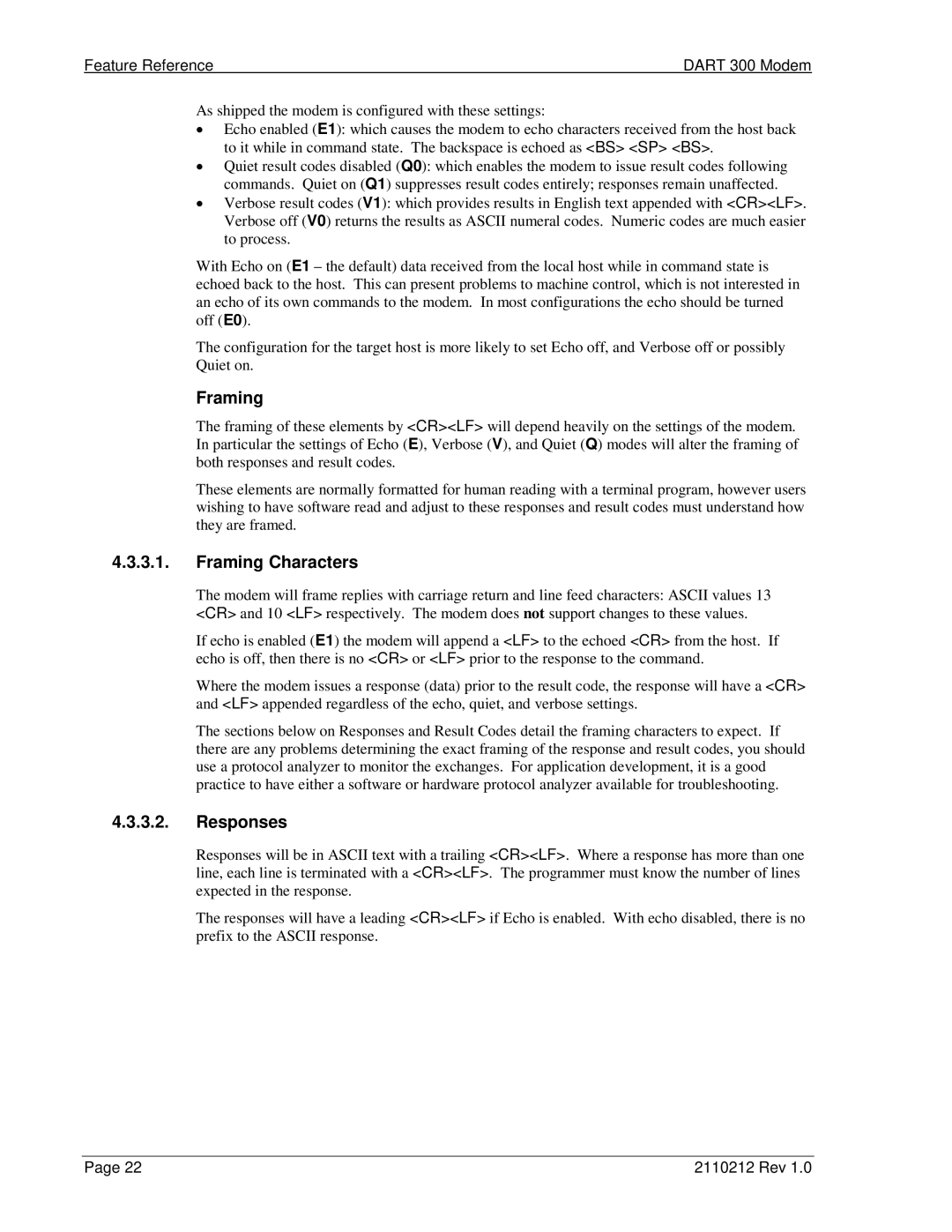 Sierra Wireless DART 300 manual Framing Characters, Responses 