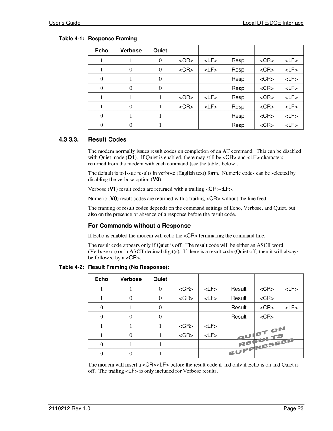 Sierra Wireless DART 300 manual Result Codes, For Commands without a Response, Response Framing Echo Verbose Quiet 