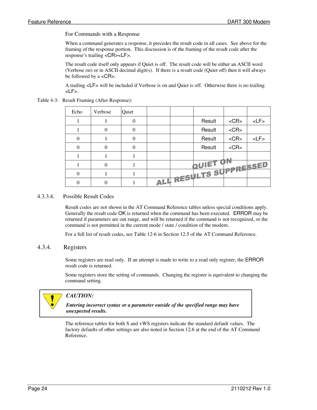 Sierra Wireless DART 300 manual Registers, For Commands with a Response, Possible Result Codes 