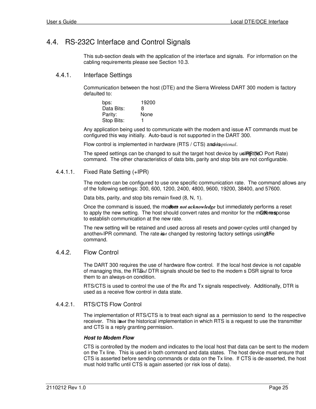 Sierra Wireless DART 300 RS-232C Interface and Control Signals, Interface Settings, Flow Control, Fixed Rate Setting +IPR 