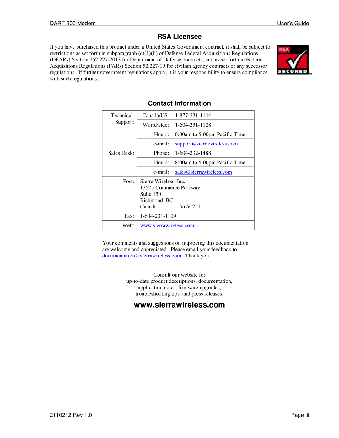 Sierra Wireless DART 300 manual RSA Licensee, Contact Information 