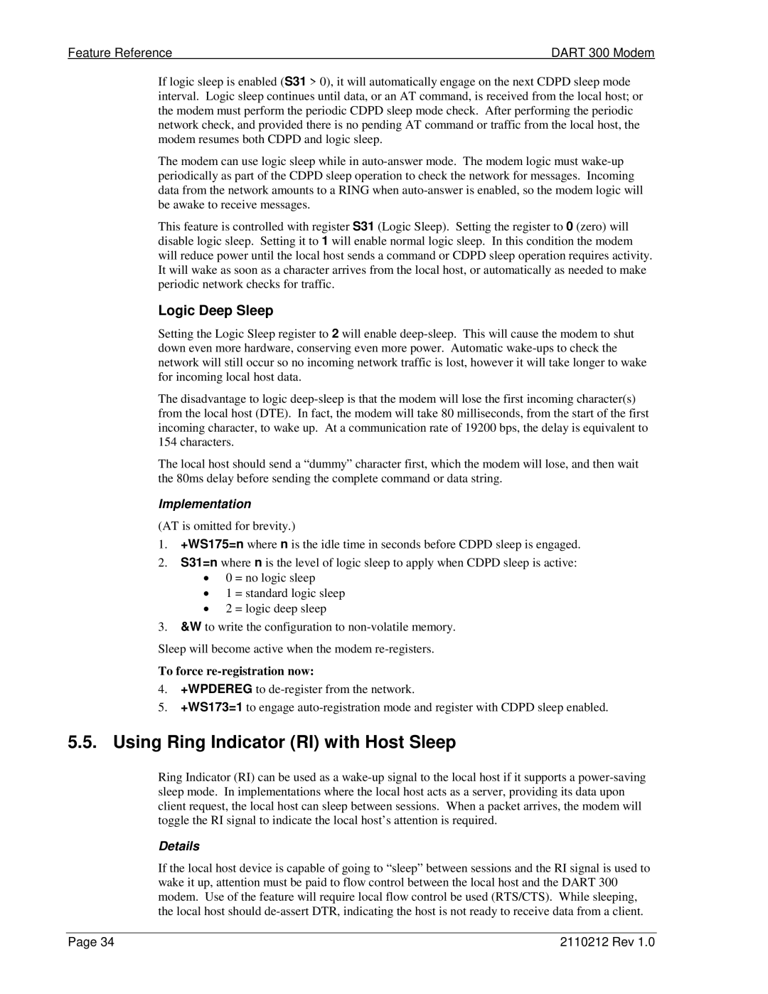 Sierra Wireless DART 300 manual Using Ring Indicator RI with Host Sleep, Logic Deep Sleep, To force re-registration now 