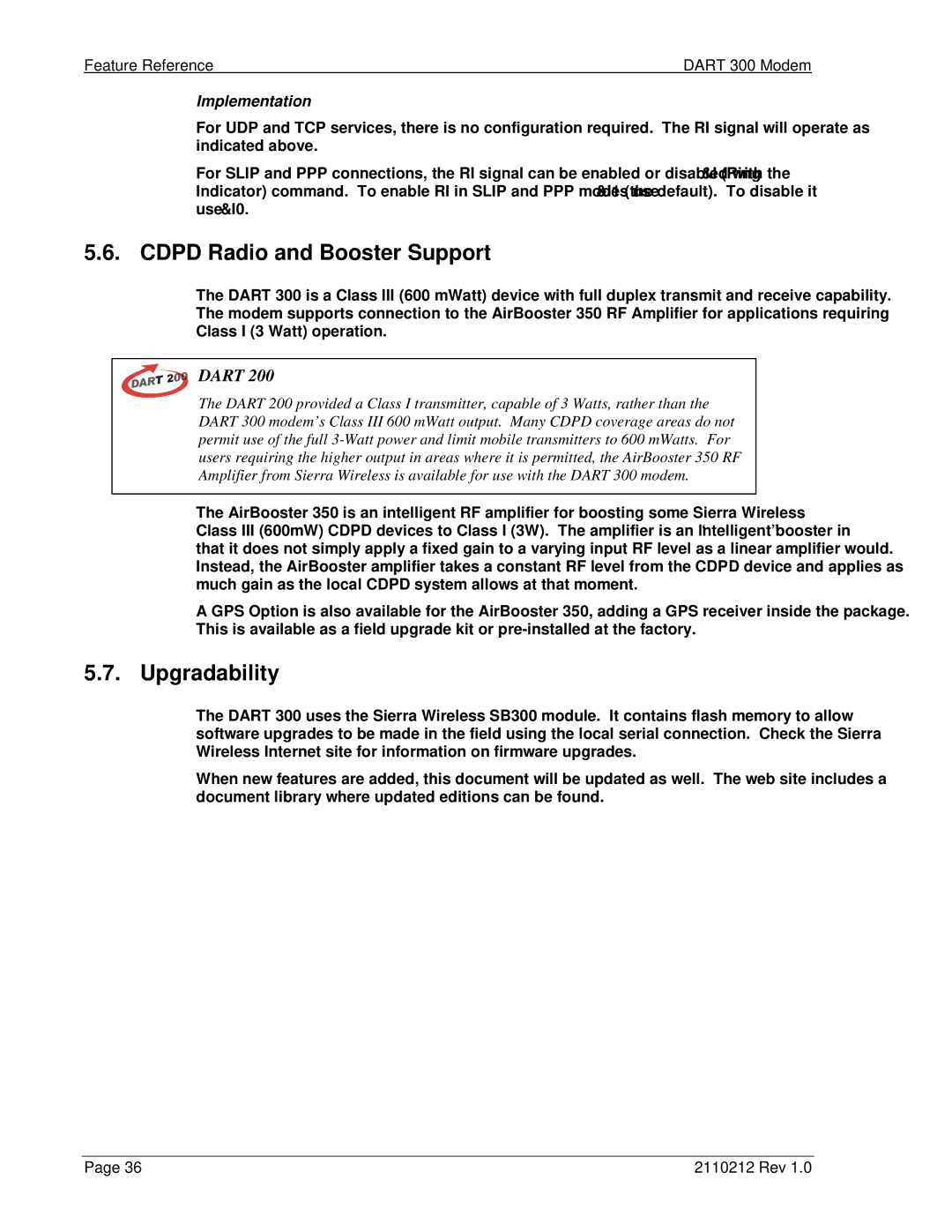 Sierra Wireless DART 300 manual Cdpd Radio and Booster Support, Upgradability 