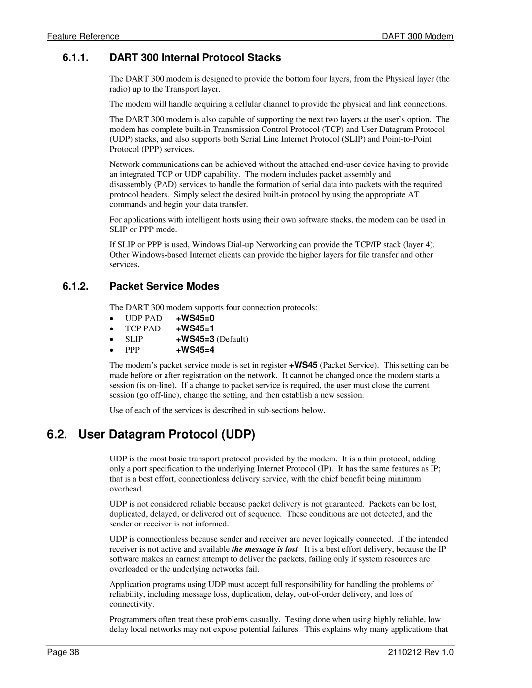 Sierra Wireless DART 300 manual User Datagram Protocol UDP, Dart 300 Internal Protocol Stacks, Packet Service Modes 