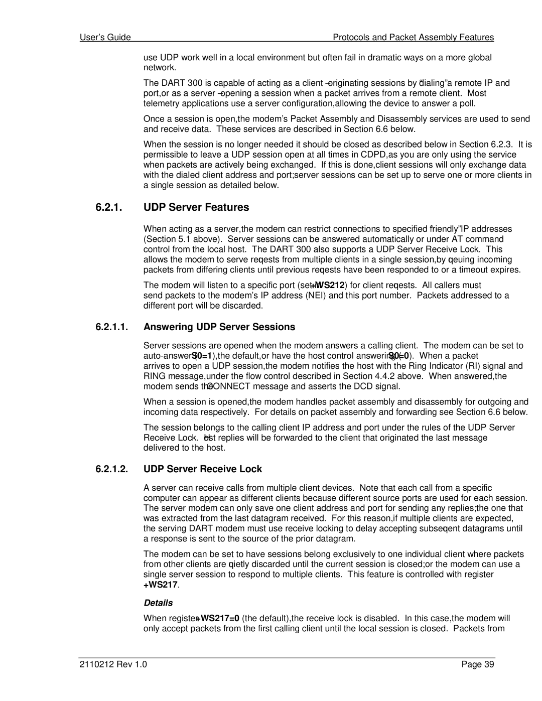 Sierra Wireless DART 300 manual UDP Server Features, Answering UDP Server Sessions, UDP Server Receive Lock, +WS217 