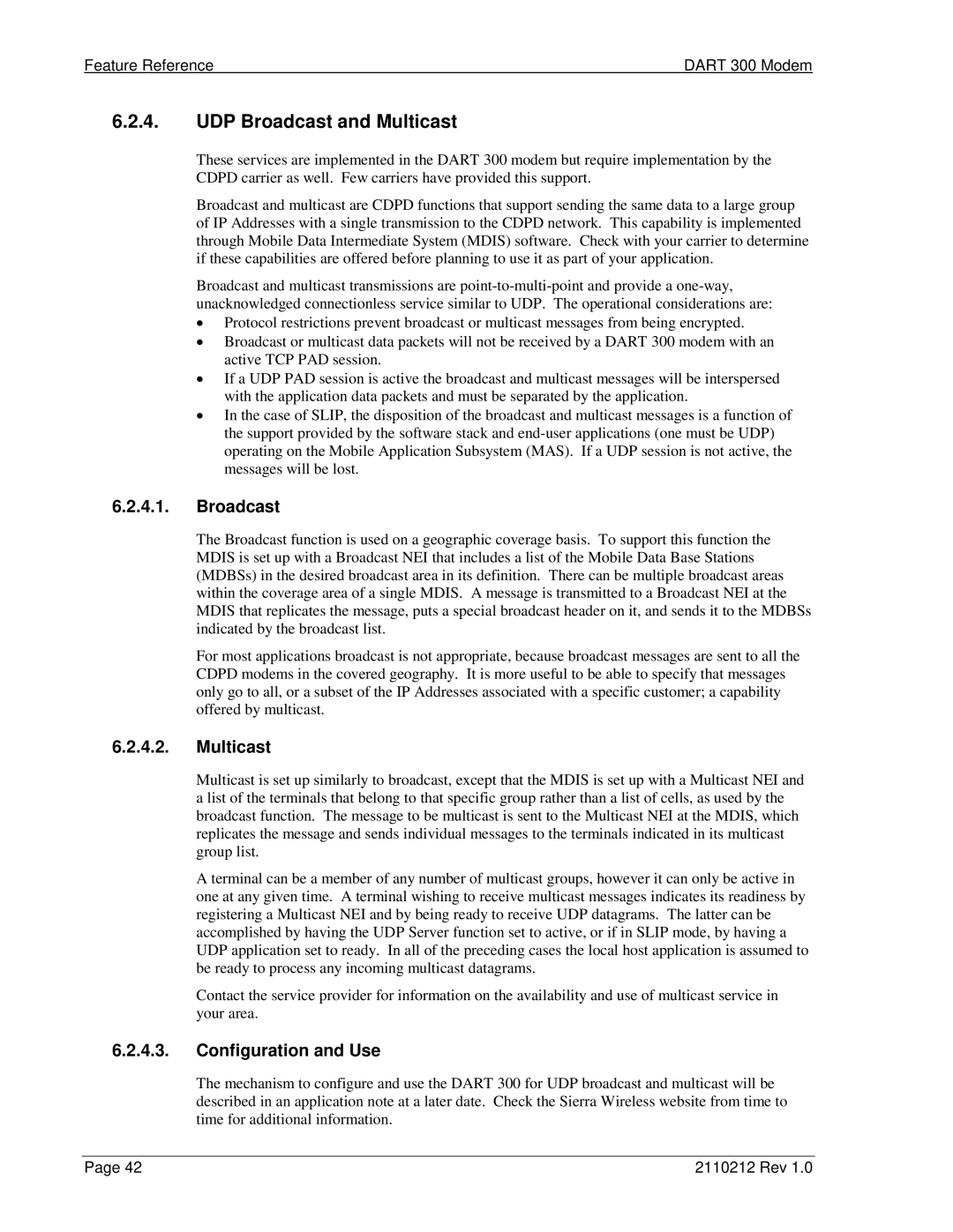 Sierra Wireless DART 300 manual UDP Broadcast and Multicast, Configuration and Use 