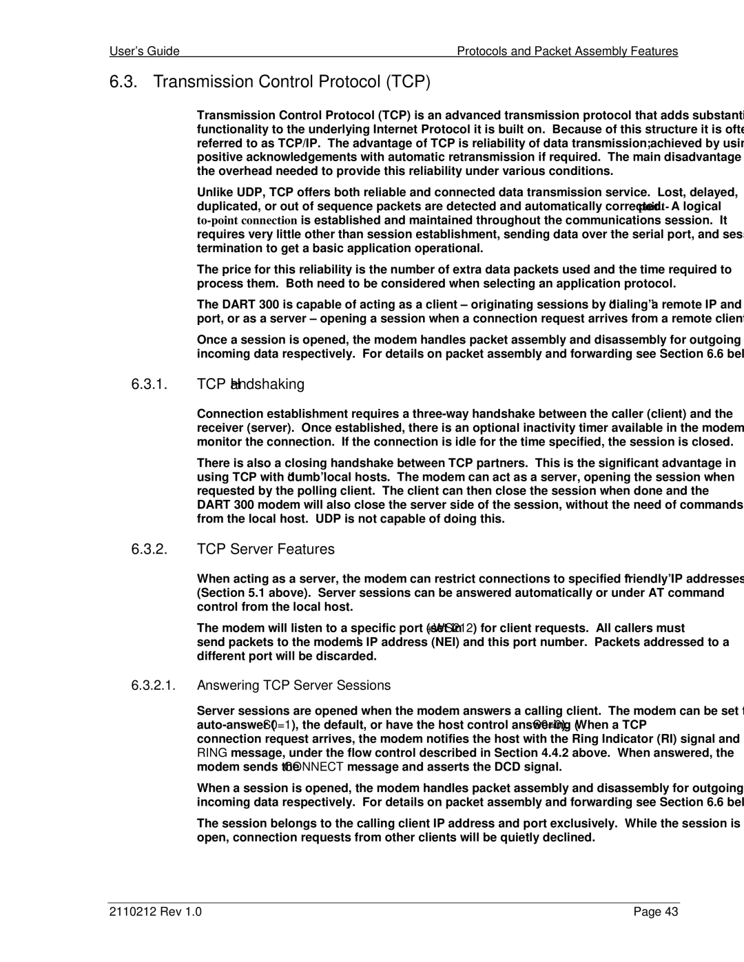 Sierra Wireless DART 300 manual Transmission Control Protocol TCP, TCP Handshaking, TCP Server Features 