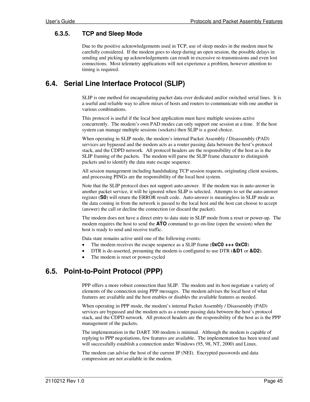 Sierra Wireless DART 300 manual Serial Line Interface Protocol Slip, Point-to-Point Protocol PPP, TCP and Sleep Mode 