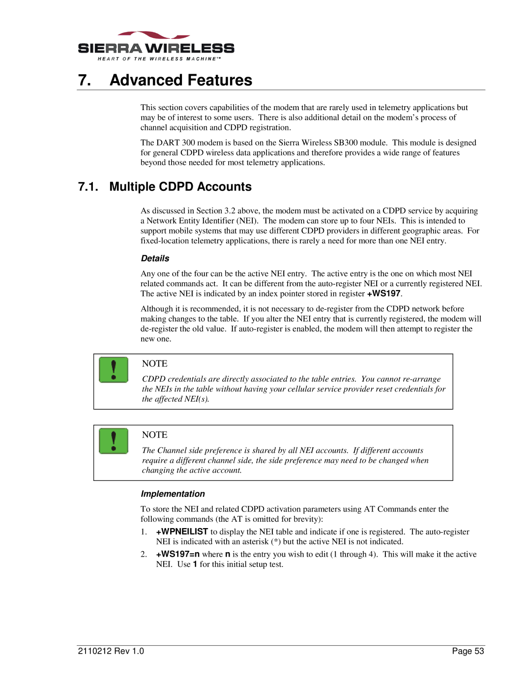 Sierra Wireless DART 300 manual Advanced Features, Multiple Cdpd Accounts 