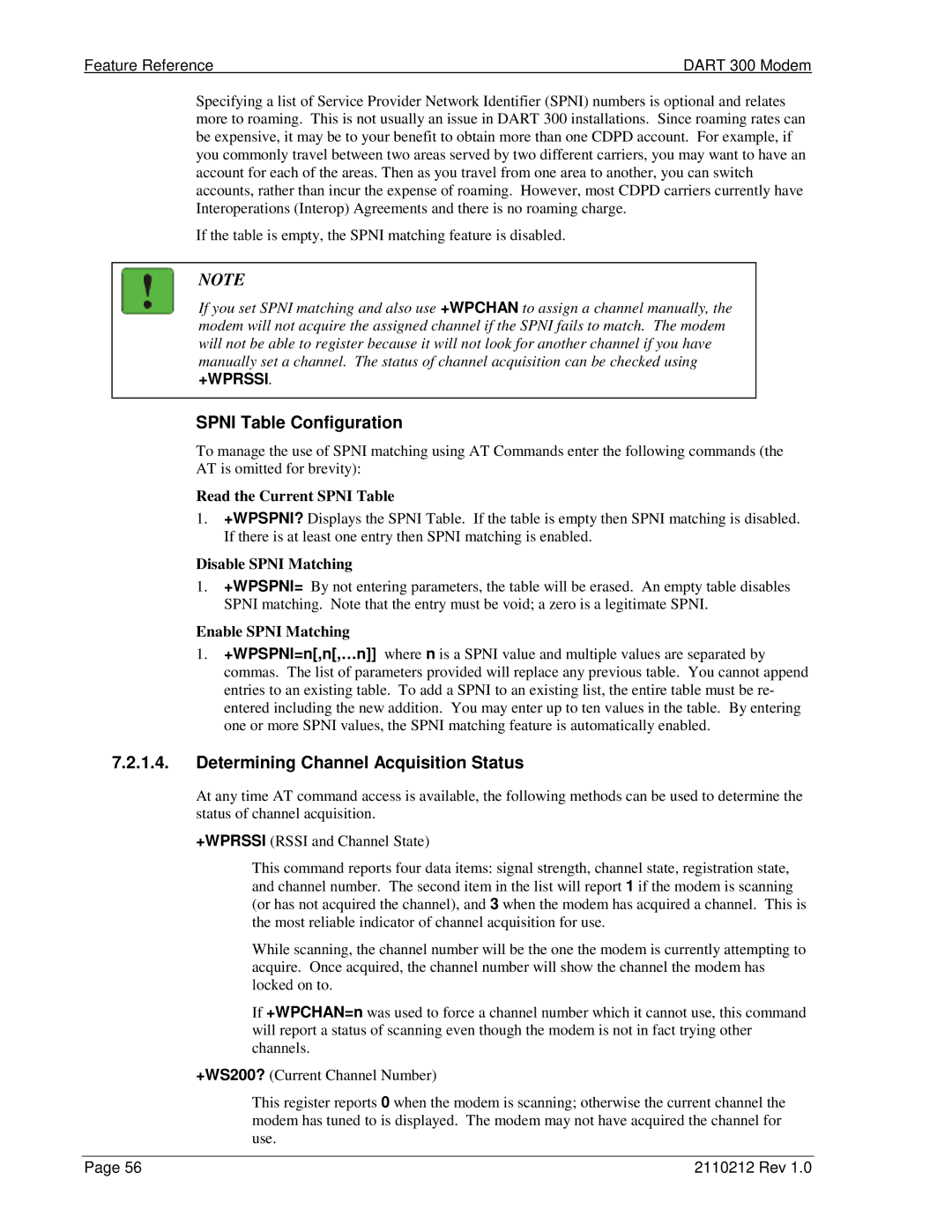 Sierra Wireless DART 300 Spni Table Configuration, Determining Channel Acquisition Status, Read the Current Spni Table 