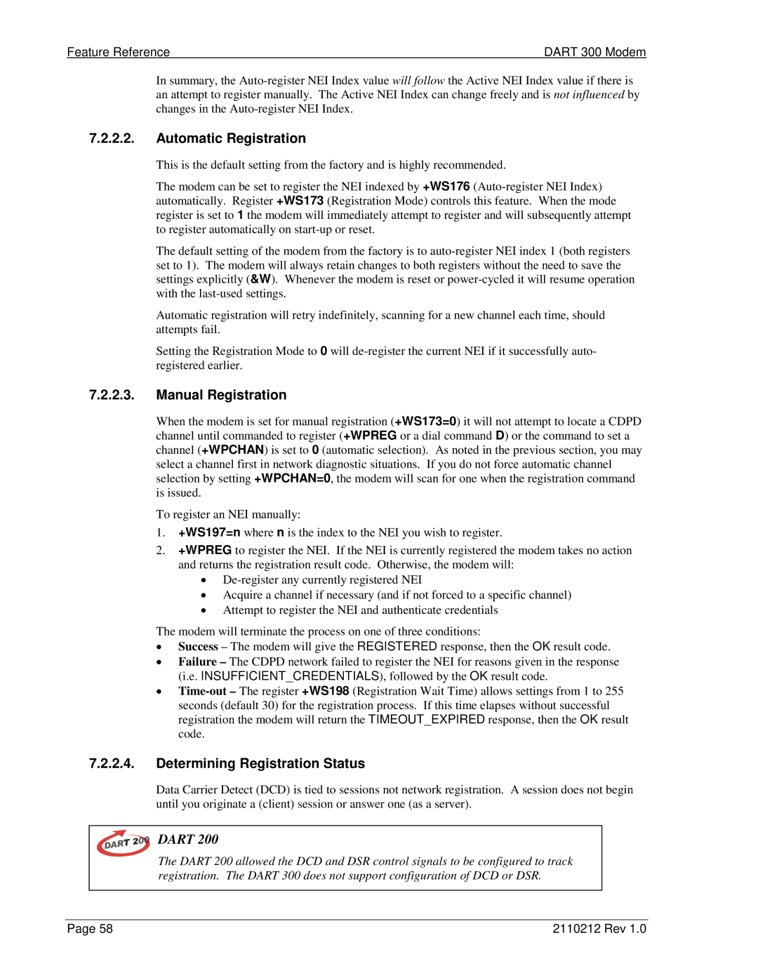 Sierra Wireless DART 300 manual Automatic Registration, Manual Registration, Determining Registration Status 