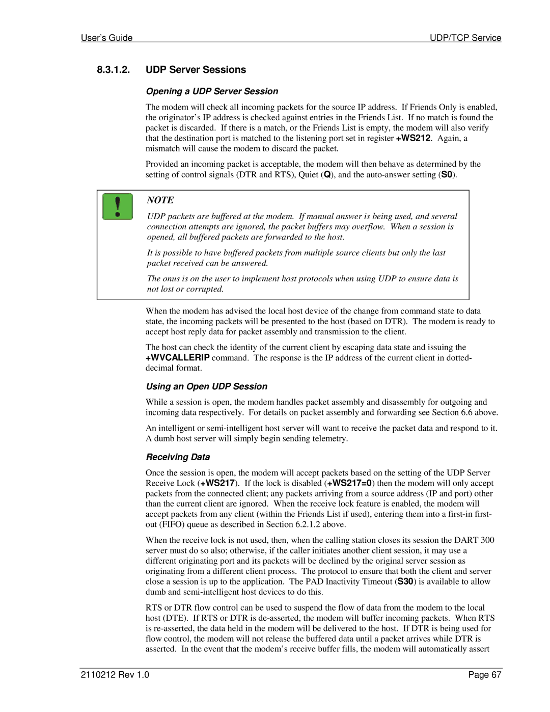 Sierra Wireless DART 300 UDP Server Sessions, Opening a UDP Server Session, Using an Open UDP Session, Receiving Data 