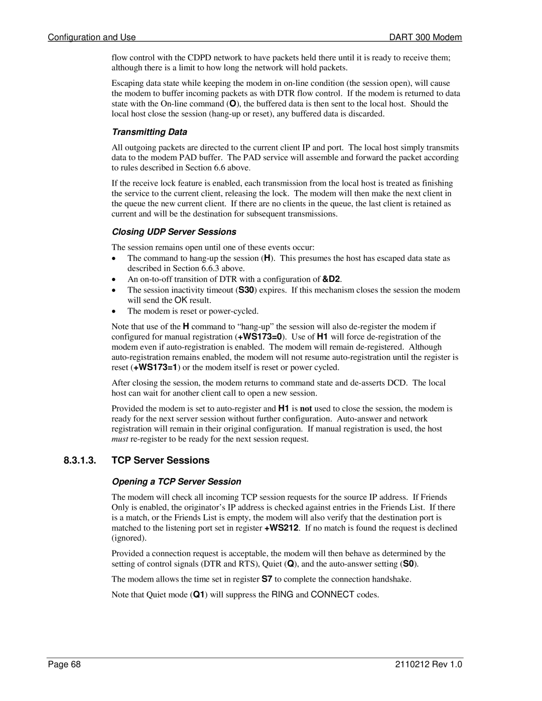 Sierra Wireless DART 300 TCP Server Sessions, Transmitting Data, Closing UDP Server Sessions, Opening a TCP Server Session 