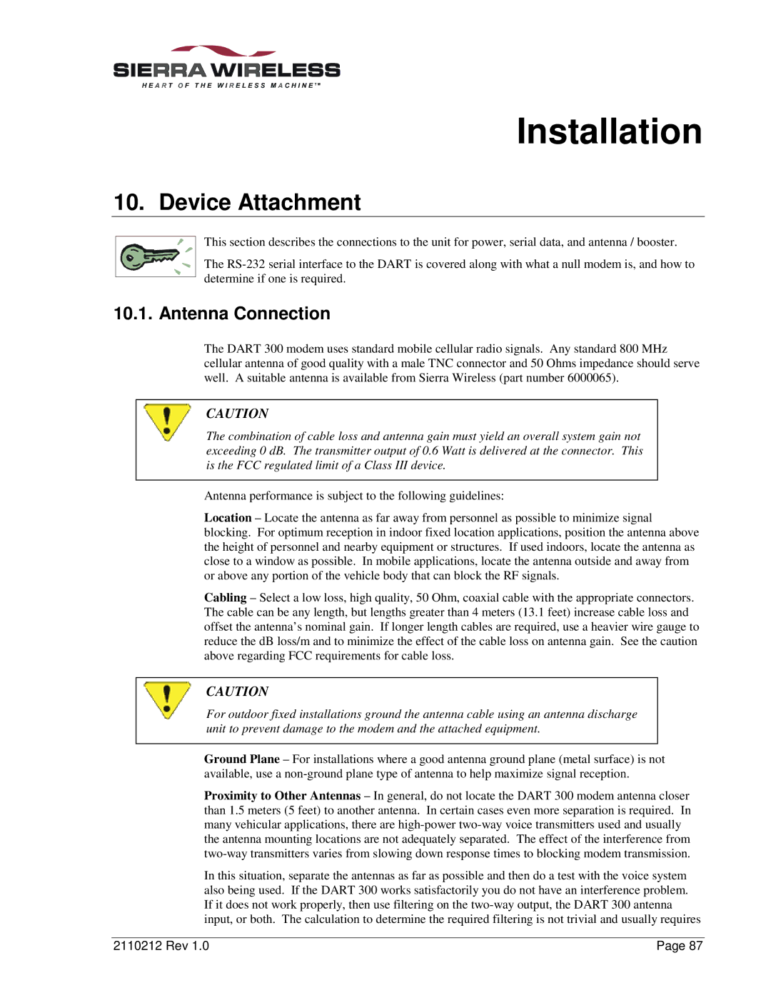 Sierra Wireless DART 300 manual Device Attachment, Antenna Connection 